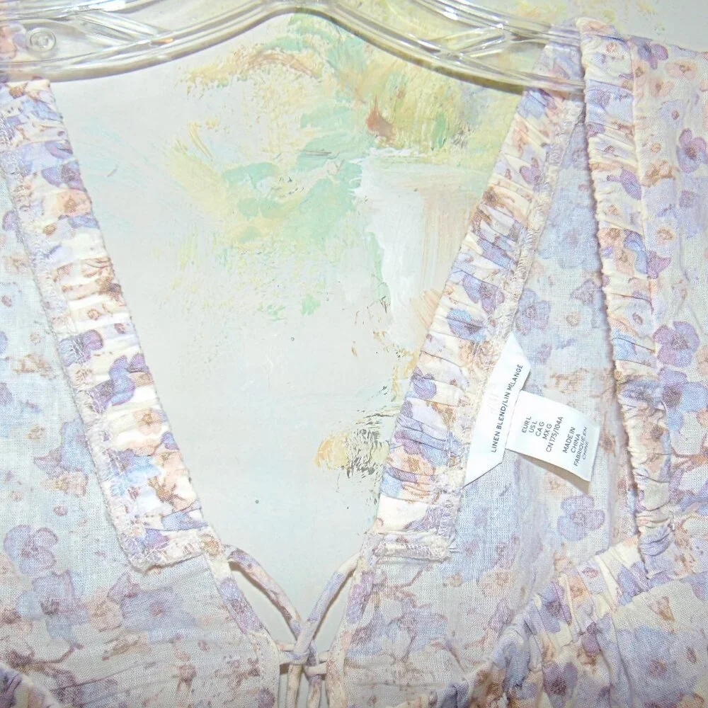 H&M LINEN Blend Cropped Watercolor Floral Blouse Top Prairie Corset Back Violet - Picture 7 of 10
